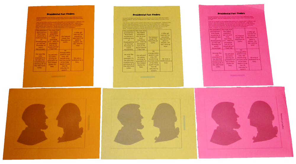 Shows three different sets of the Presidential Fact Finders printable, each set a different color.