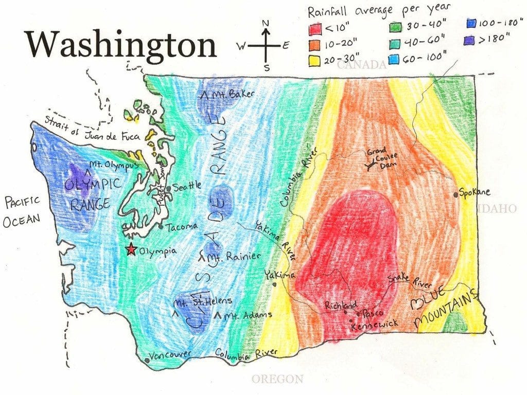 Washington Map showing rainfall in different parts pf the state.