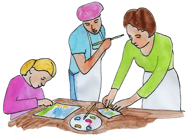 family-painting-web Mom working with girls painting