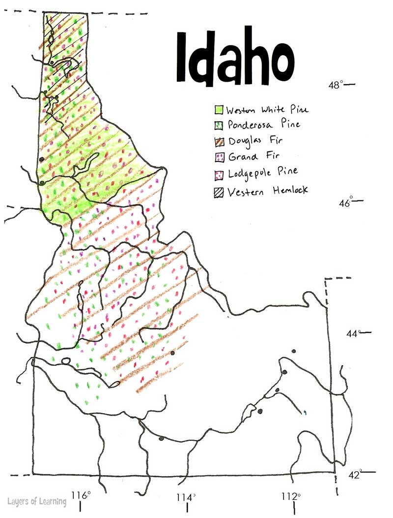 U.S. state maps to print and color. This is Idaho showing where certain species of trees grow.