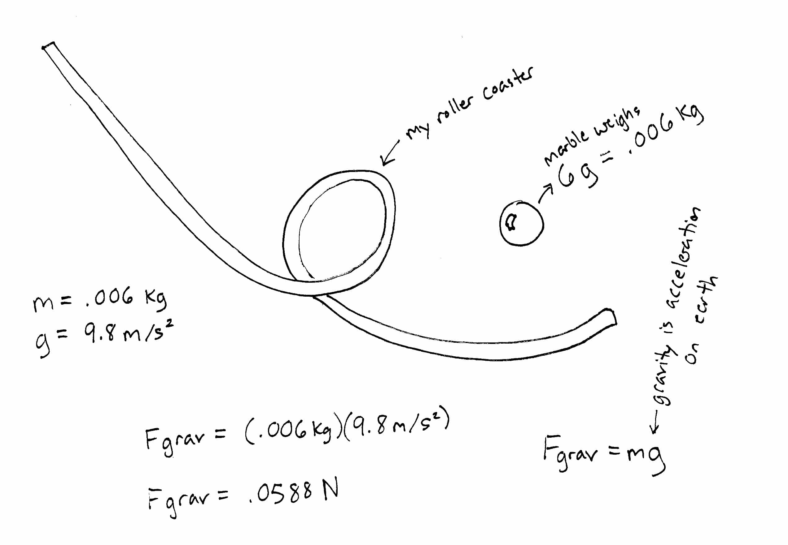 Calculations for the force of gravity acting on the marble in a marble roller coaster experiment