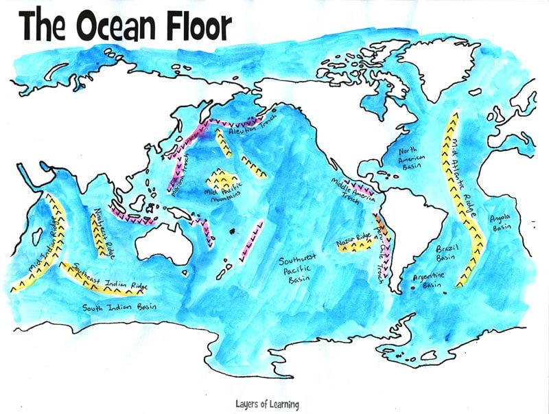 map of the ocean floor painted with watercolor