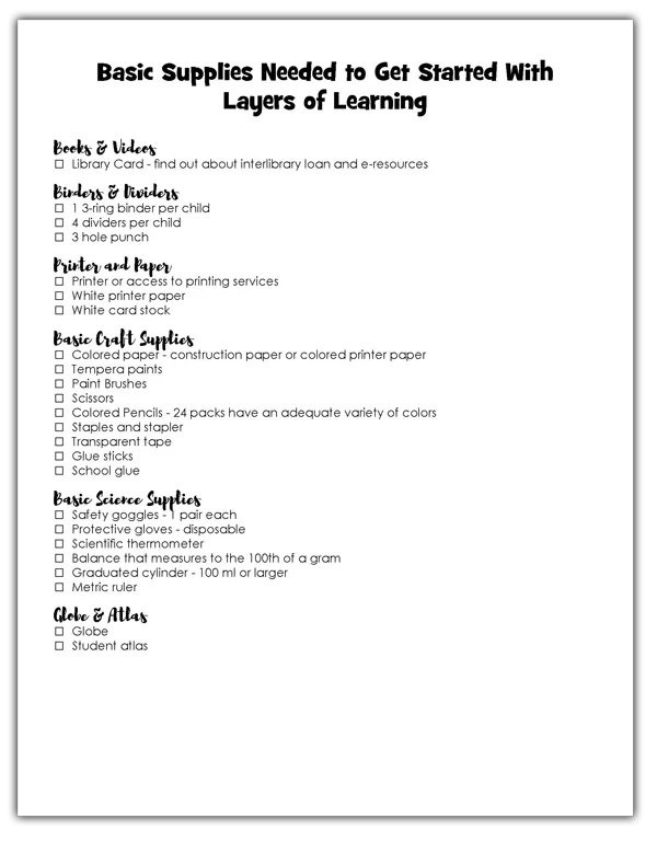 materials you need to start Layers of Learning